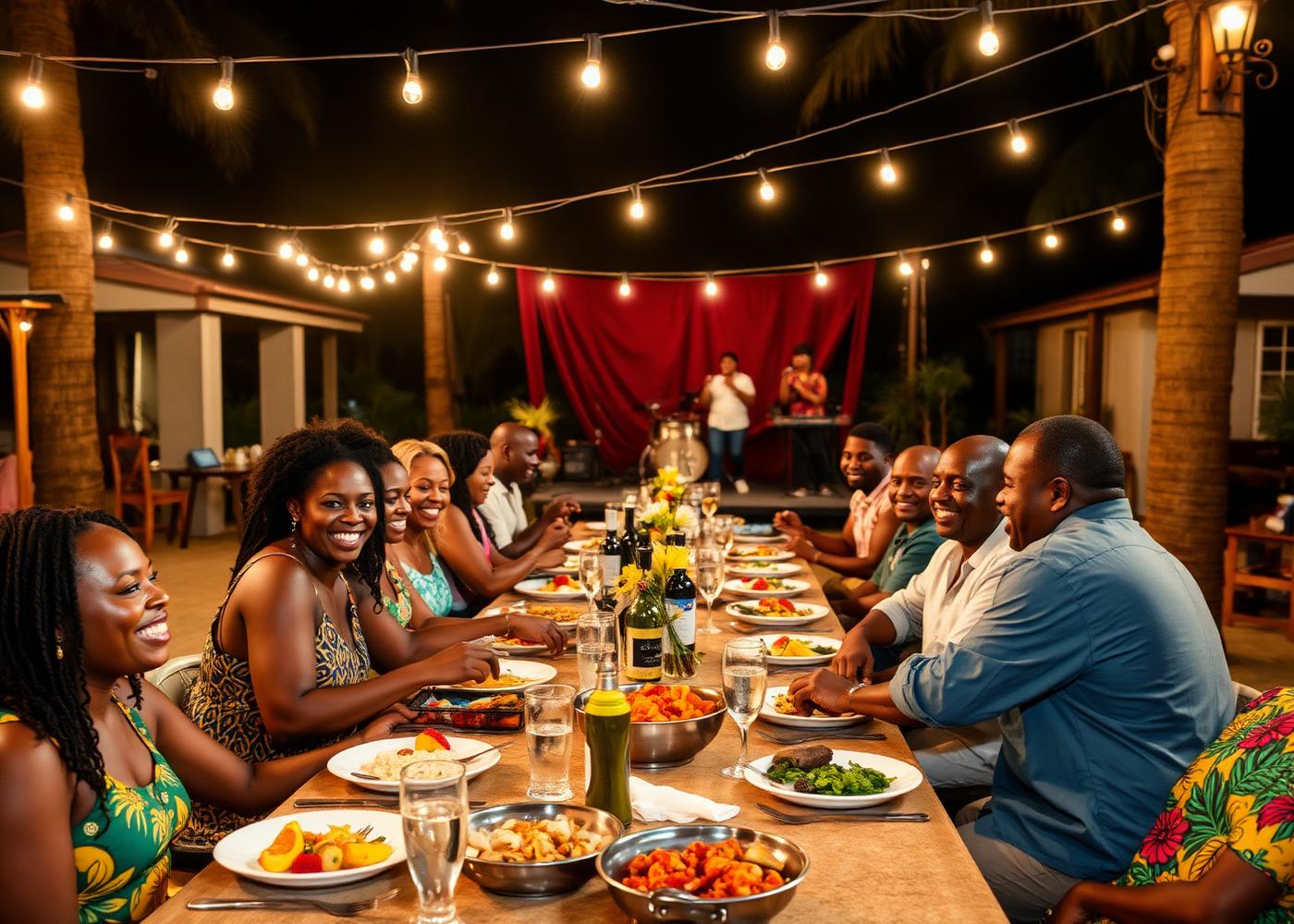 Guests celebrating at an outdoor Jamaican cultural dinner