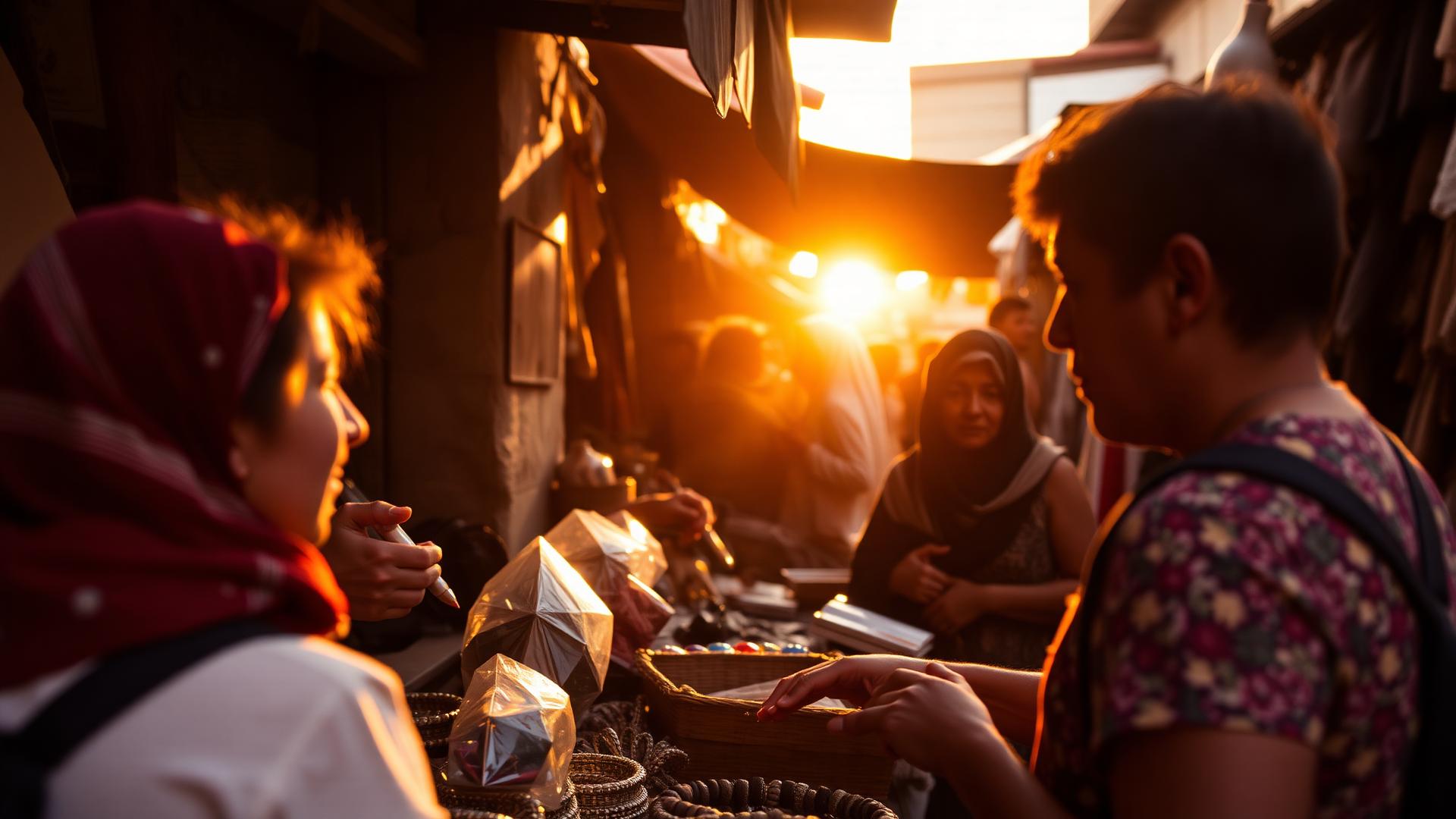 Travelers sharing a moment with a local artisan at a sunlit market